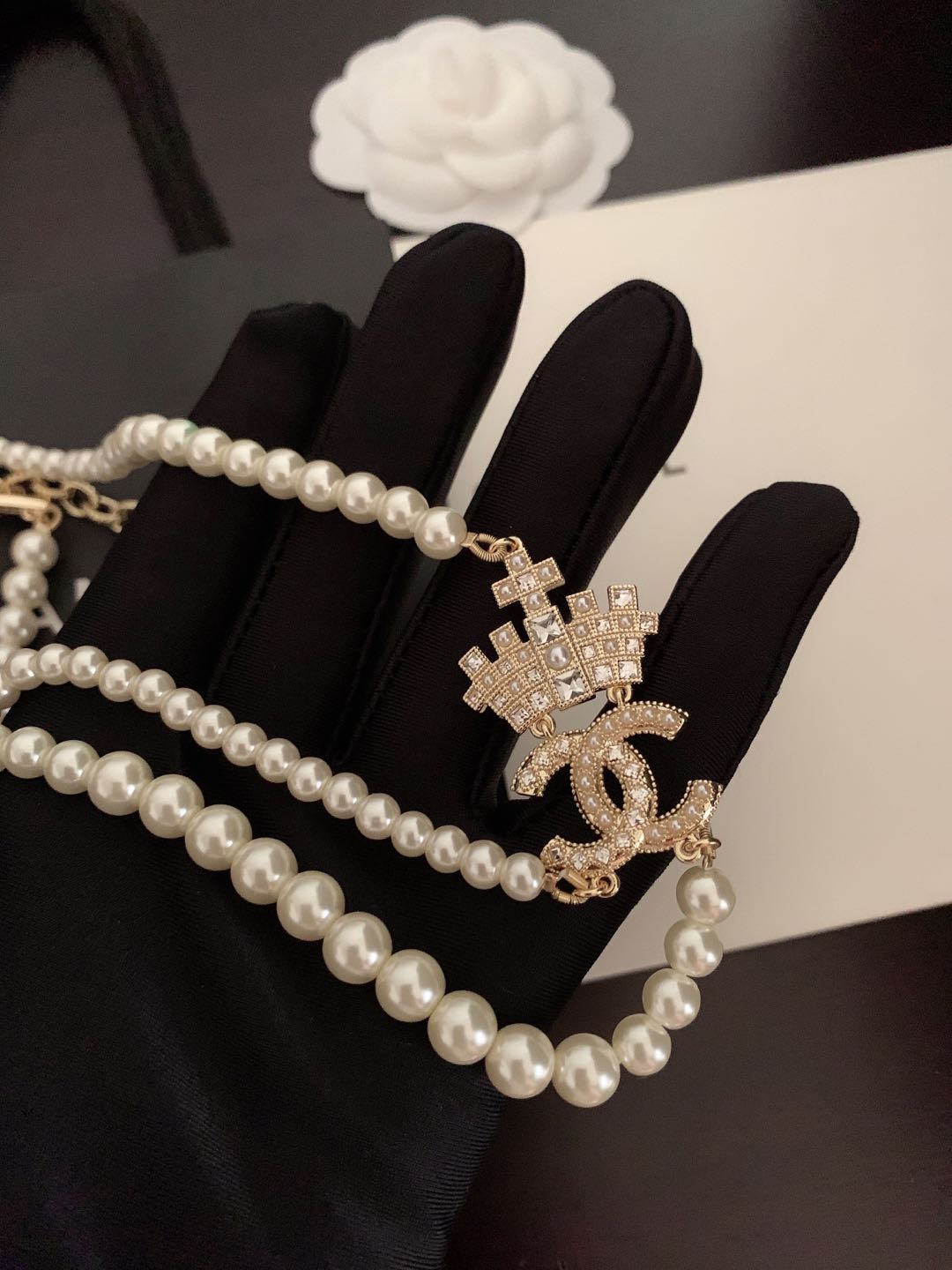 CC FAUX PEARL AND CRYSTAL CC DOUBLE STRAND NECKLACE