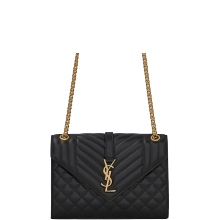 SAINT LAURENT ENVELOPE MEDIUM CHAIN BAG IN SUPPLE MATELASSE LEATHER BLACK GOLD 24CM