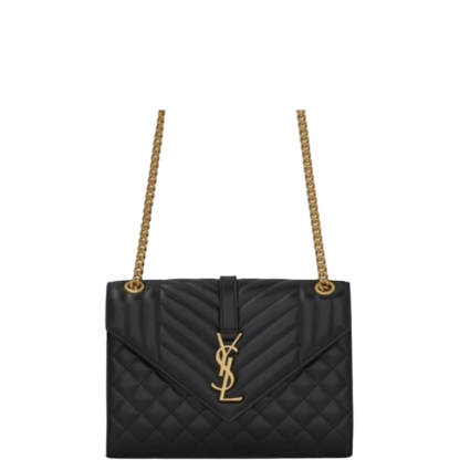 SAINT LAURENT ENVELOPE MEDIUM CHAIN BAG IN SUPPLE MATELASSE LEATHER BLACK GOLD 24CM