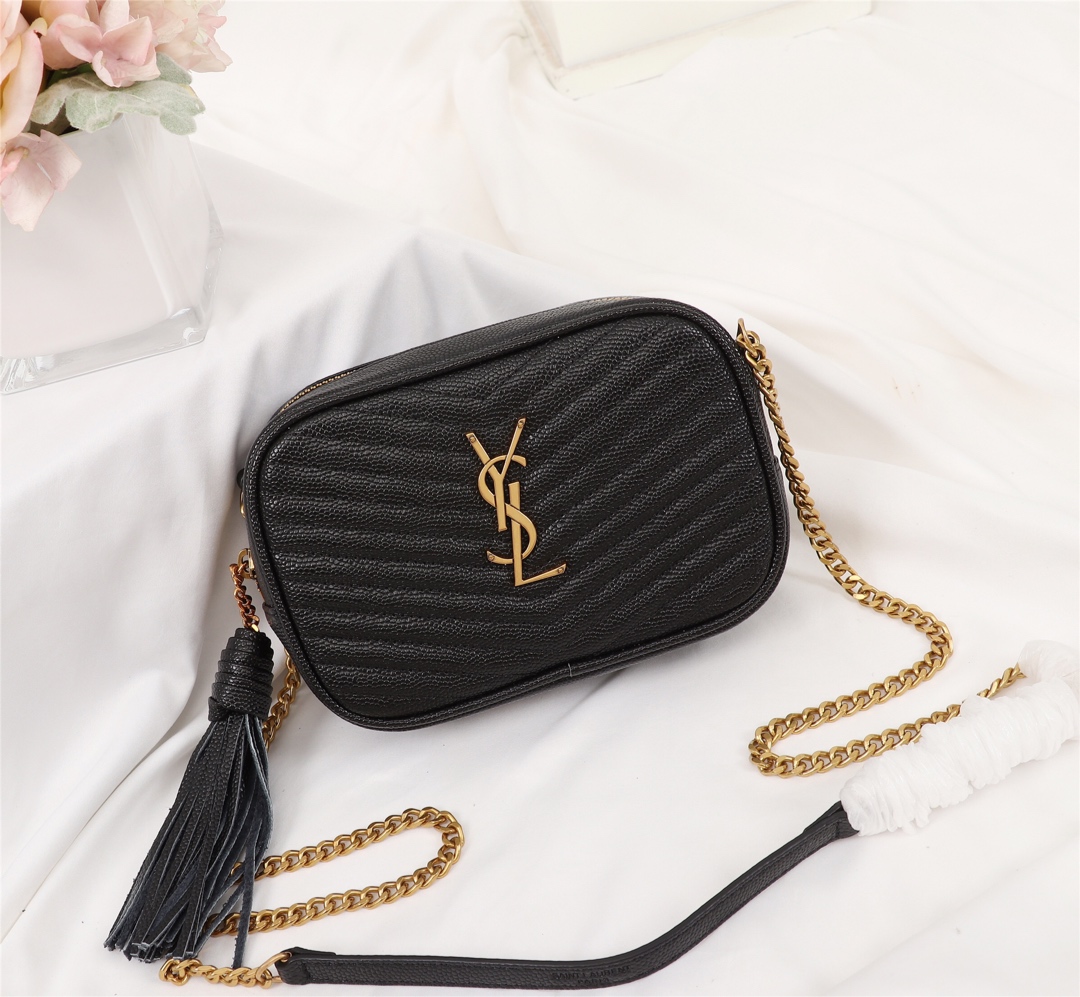 YSL LOU CAMERA BAG IN QUILTED LEATHER GOLD HARDWARE BLACK 18CM