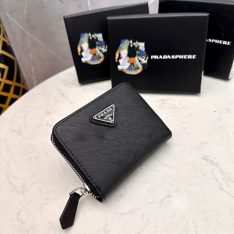 PR SMALL SAFFIANO LEATHER WALLET BLACK AND SILVER 10CM 1ML036 QHH F0002