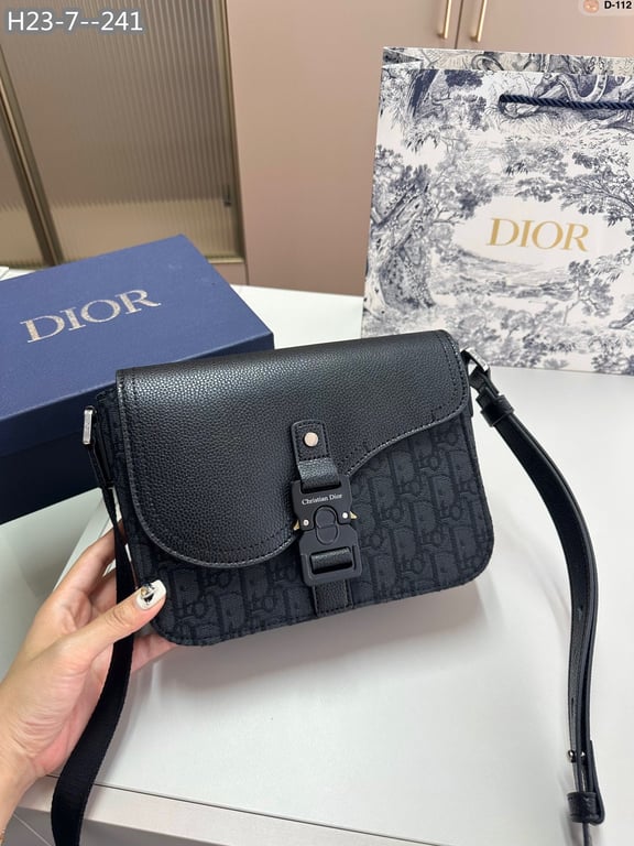 DIR MINI SADDLE BAG WITH STRAP BLACK CD OBLIQUE JACQUARD AND GRAINED CALFSKIN 23CM