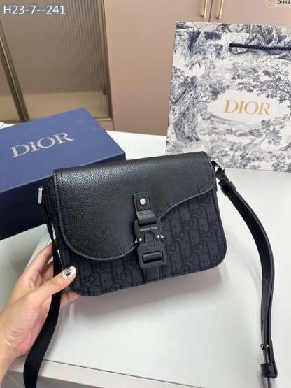 DIR MINI SADDLE BAG WITH STRAP BLACK CD OBLIQUE JACQUARD AND GRAINED CALFSKIN 23CM