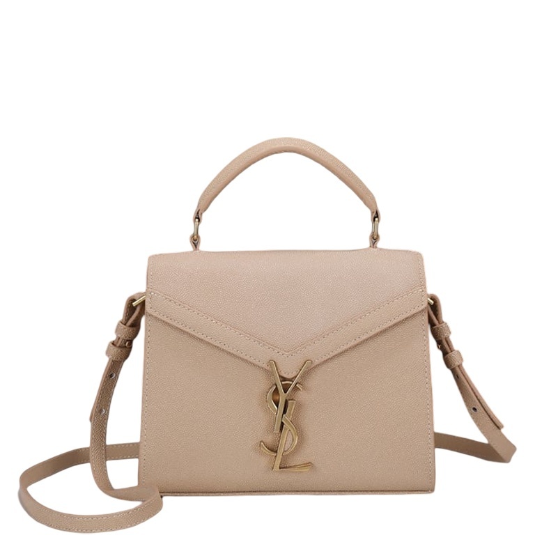 SAINT LAURENT CASSANDRA MINI TOP HANDLE BAG IN GRAIN DE POUDRE EMBOSSED DARK BEIGE 20CM