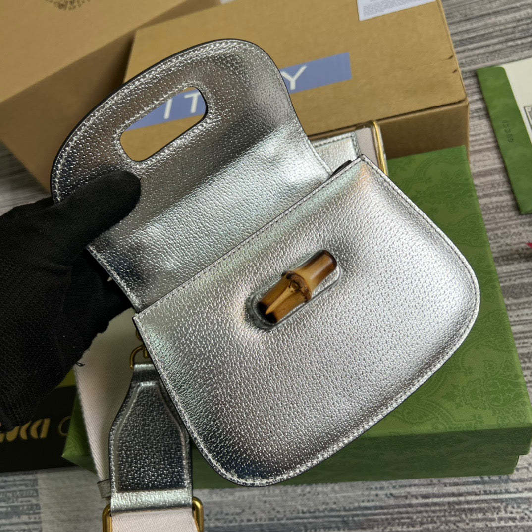 gg Bamboo 1947 Mini Top Handle Bag Silver For Women, Women’s Bags 6.7in/17cm gg