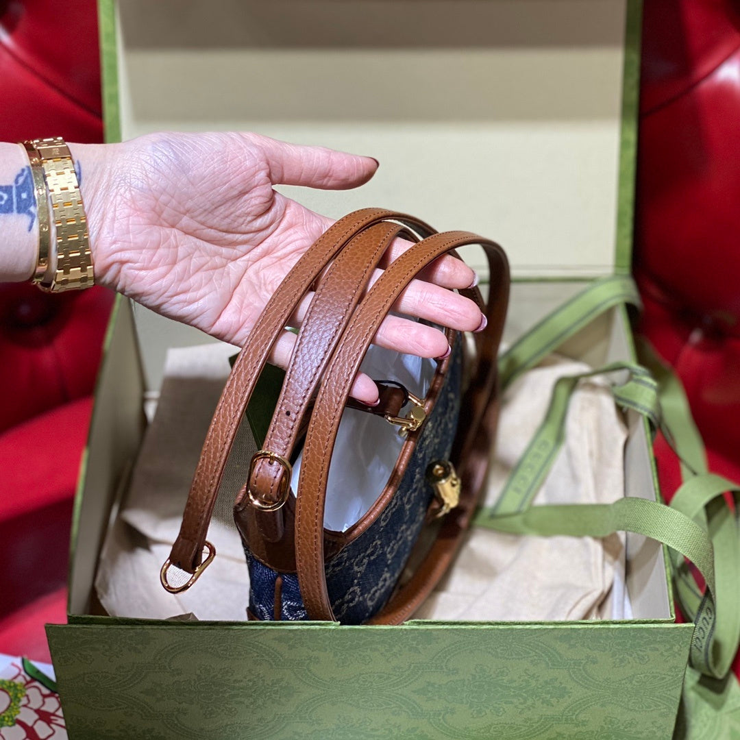 gg Jackie 1961 Mini Shoulder Bag Dark Blue And Ivory Eco Washed Organic gg Jacquard Denim For Women 7.5in/19cm gg 637092 2KQgg 8375