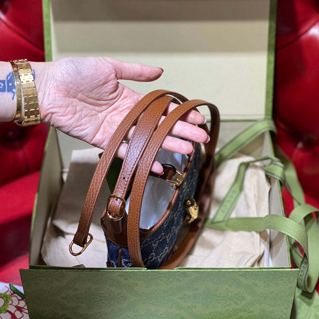 gg Jackie 1961 Mini Shoulder Bag Dark Blue And Ivory Eco Washed Organic gg Jacquard Denim For Women 7.5in/19cm gg 637092 2KQgg 8375