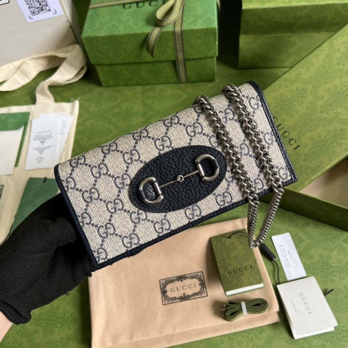 gg Horsebit 1955 Wallet With Chain Beige And Blue For Women 7.5in/19cm gg