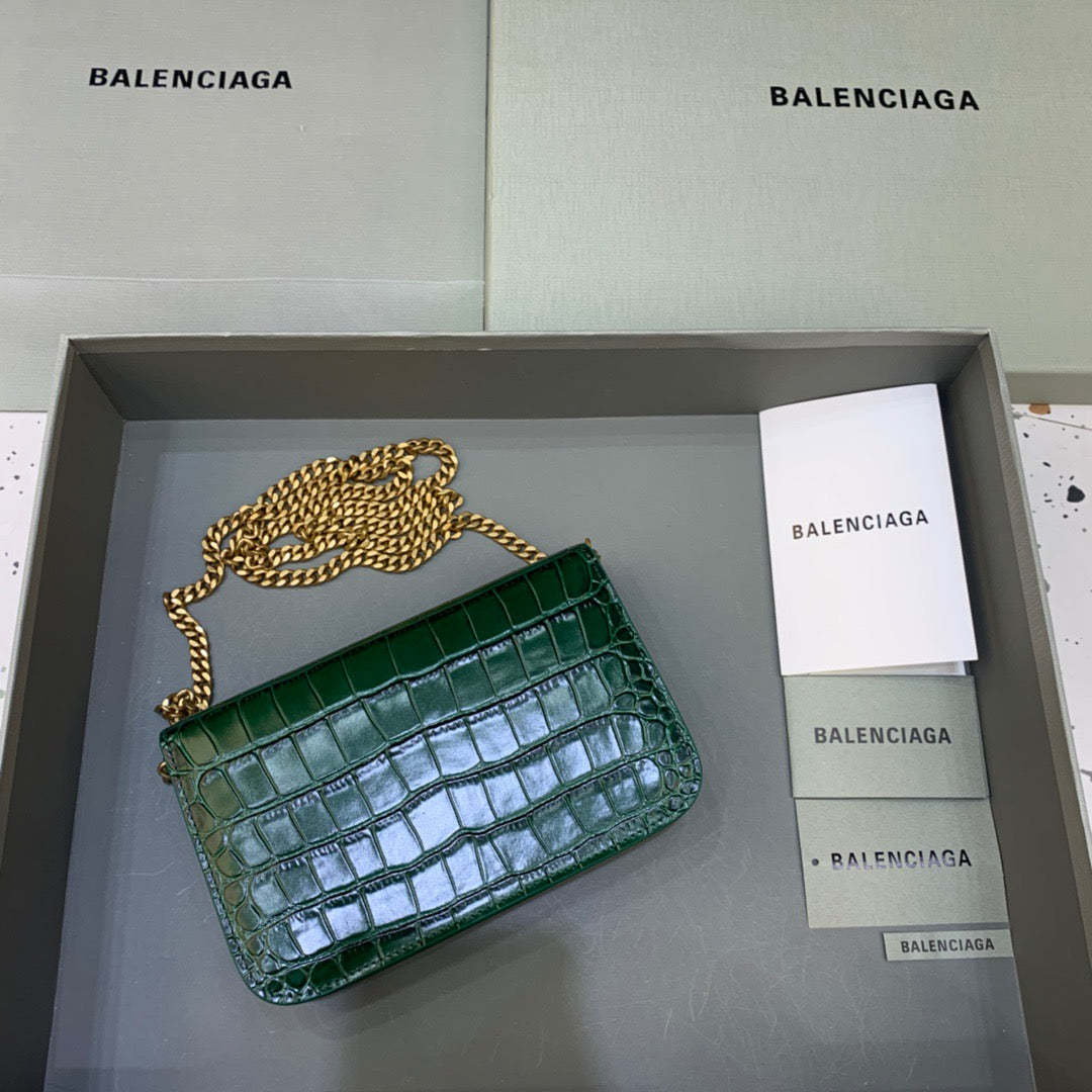 Balen Croc Embossed Patent B Bag With Chain In Green, For Women,  Bags 7.9in/20cm