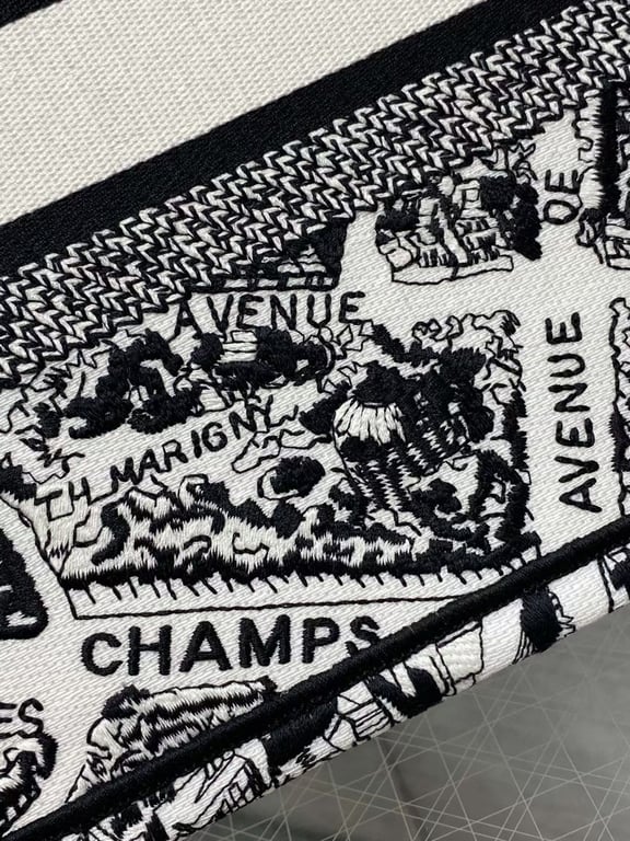 DIR MEDIUM BOOK TOTE WHITE AND BLACK PLAN DE PARIS EMBROIDERY 36CM