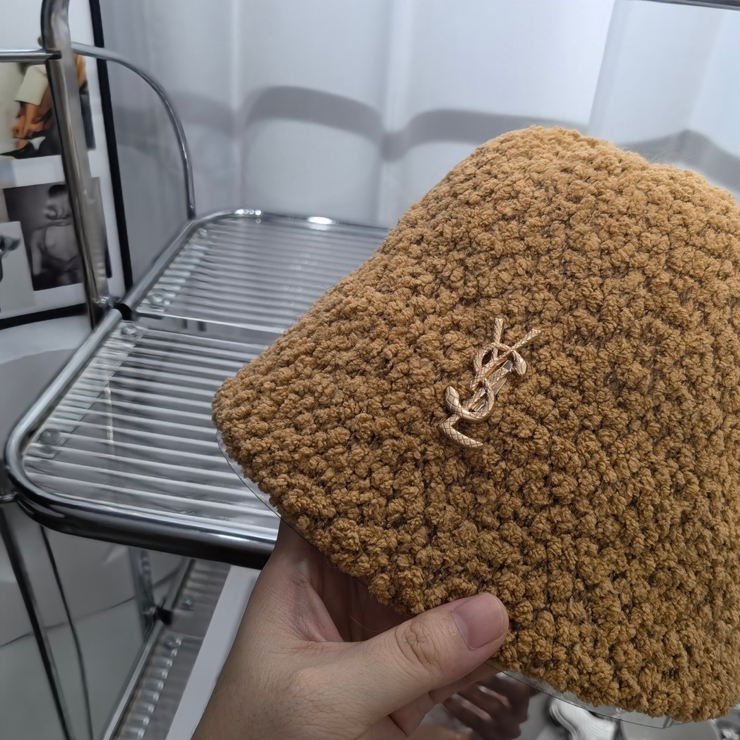 YSL FAUX FUR SHEARLING LAMBSKIN BUCKET HAT BROWN