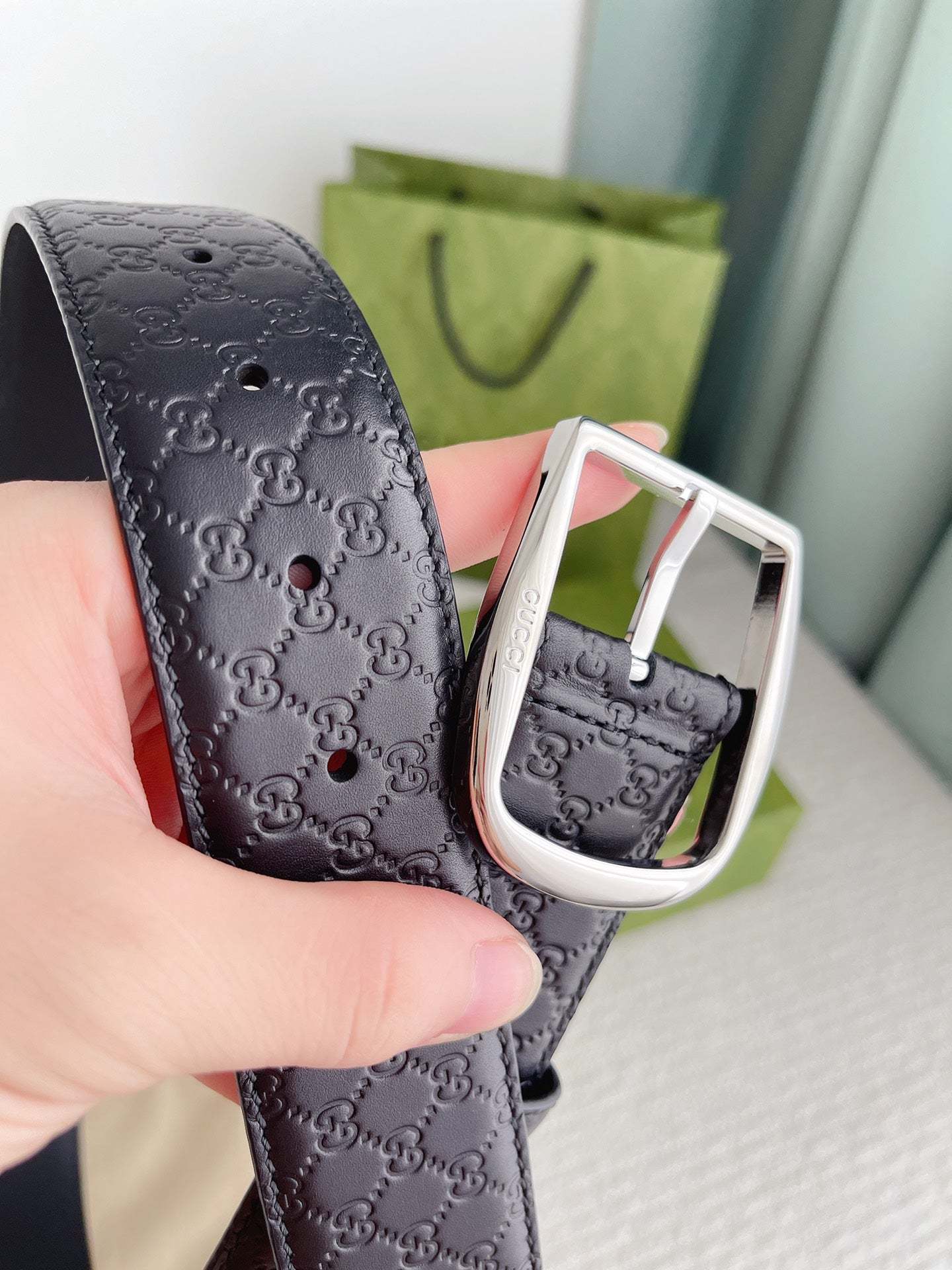 GG CALFSKIN MONOGRAM BLACK BELT SILVER METAL 4CM