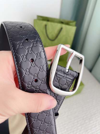 GG CALFSKIN MONOGRAM BLACK BELT SILVER METAL 4CM