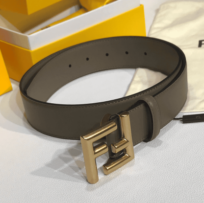 FD GREY LEATHER BELT WITH FD GOLD BUCKLE 40MM