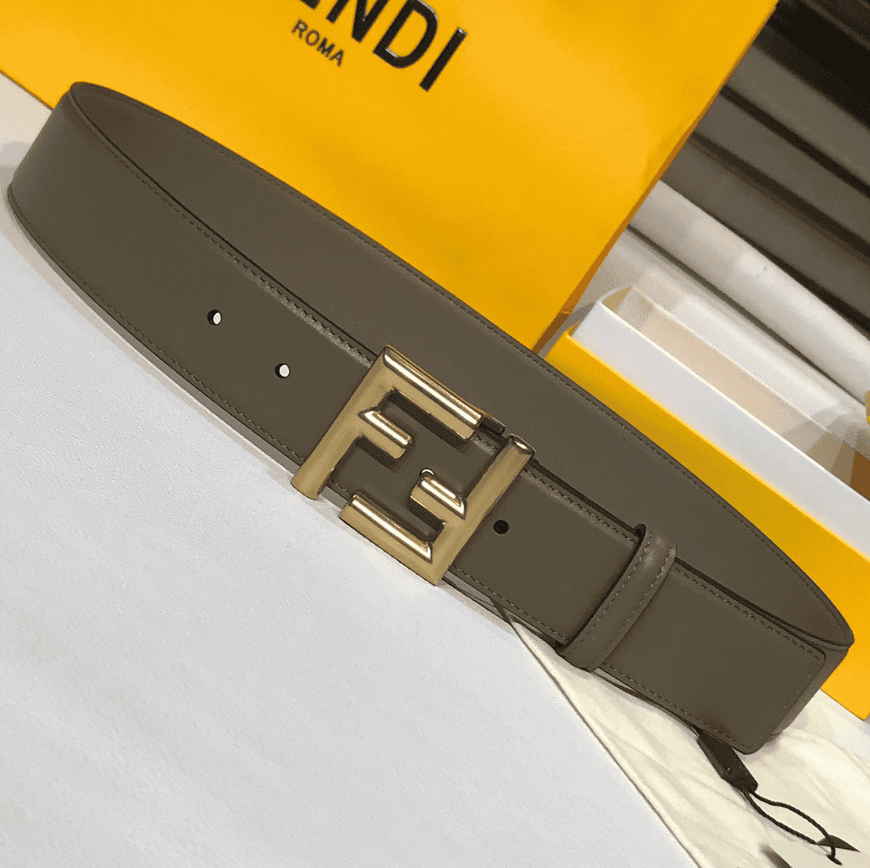 FD GREY LEATHER BELT WITH FD GOLD BUCKLE 40MM