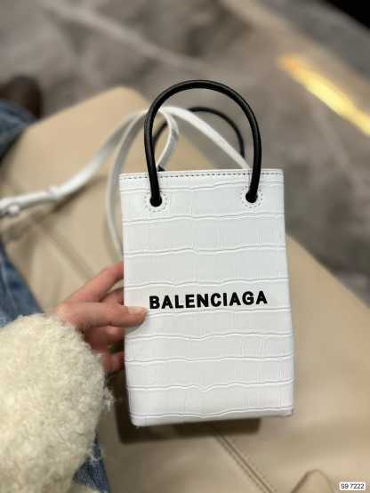 BALENCIAGA SHOPPING PHONE HOLDER CROCODILE EMBOSSED IN WHITE 18CM