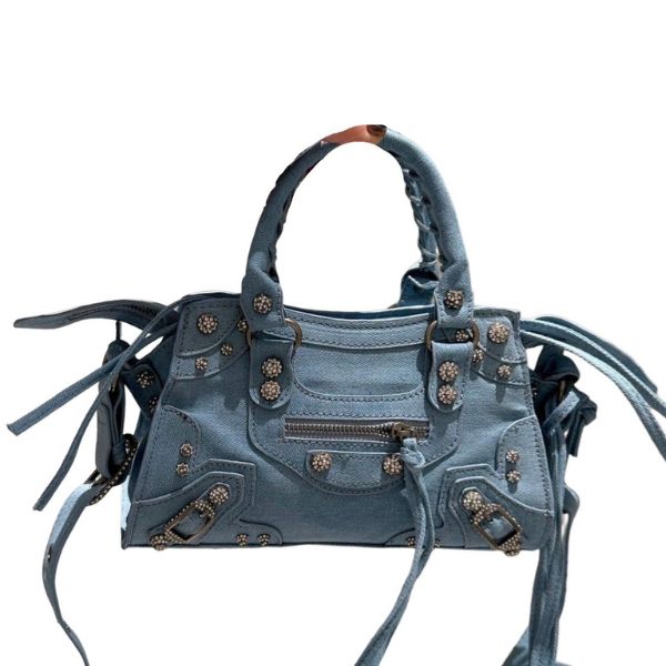 BALENCIAGA WOMENS NEO CAGOLE CITY HANDBAG IN DENIM IN BLUE 26CM