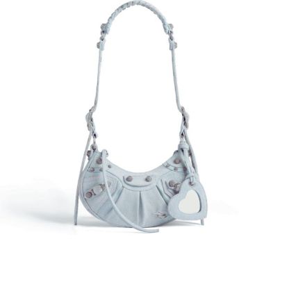 BALENCIAGA LE CAGOLE XS SHOULDER BAG DENIM WITH RHINESTONES IN LIGHT BLUE 25CM 6713092AABV4651