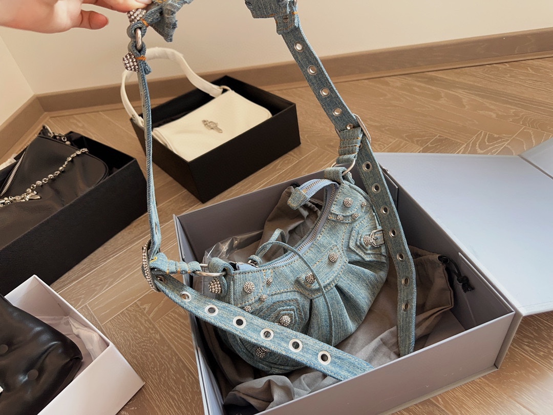 BALENCIAGA LE CAGOLE XS SHOULDER BAG DENIM WITH RHINESTONES IN LIGHT BLUE 25CM 6713092AABV4651