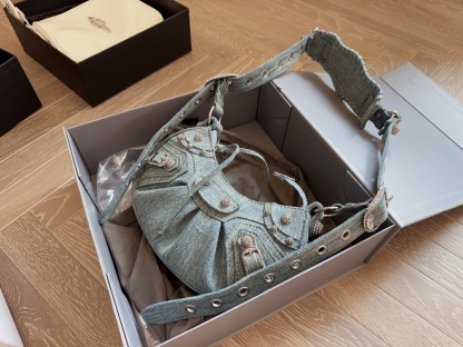 BALENCIAGA LE CAGOLE XS SHOULDER BAG DENIM WITH RHINESTONES IN LIGHT BLUE 25CM 6713092AABV4651