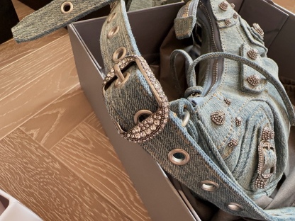 BALENCIAGA LE CAGOLE XS SHOULDER BAG DENIM WITH RHINESTONES IN LIGHT BLUE 25CM 6713092AABV4651