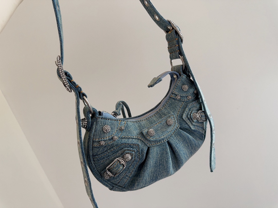 BALENCIAGA LE CAGOLE XS SHOULDER BAG DENIM WITH RHINESTONES IN LIGHT BLUE 25CM 6713092AABV4651