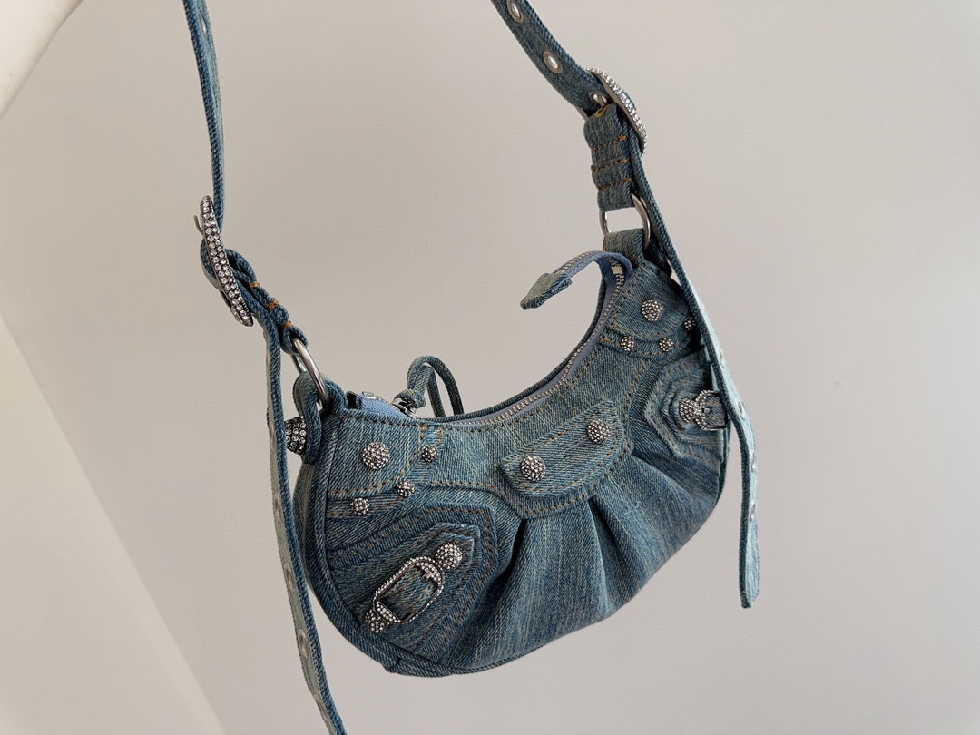 BALENCIAGA LE CAGOLE XS SHOULDER BAG DENIM WITH RHINESTONES IN LIGHT BLUE 25CM 6713092AABV4651