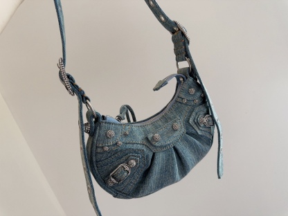 BALENCIAGA LE CAGOLE XS SHOULDER BAG DENIM WITH RHINESTONES IN LIGHT BLUE 25CM 6713092AABV4651
