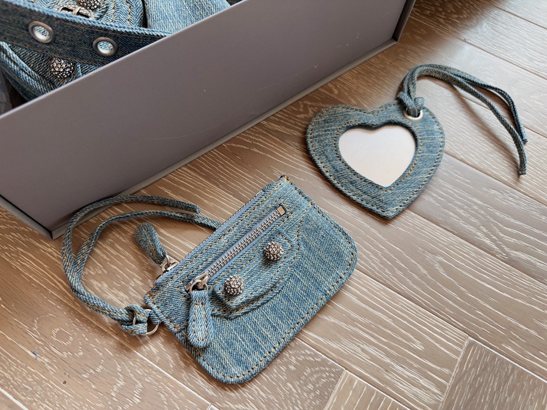 BALENCIAGA LE CAGOLE XS SHOULDER BAG DENIM WITH RHINESTONES IN LIGHT BLUE 25CM 6713092AABV4651