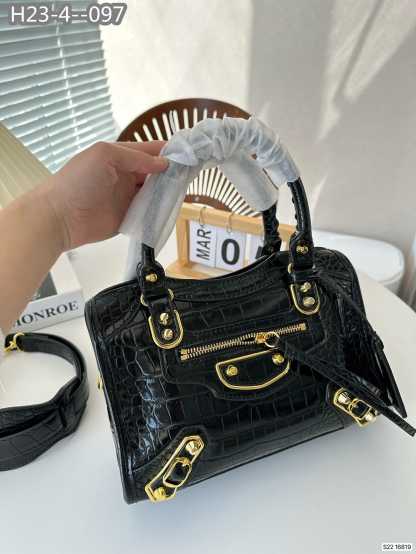 BALENCIAGA NEO CLASSIC CITY MINI CROCODILE EFFECT LEATHER BAG BLACK 25CM