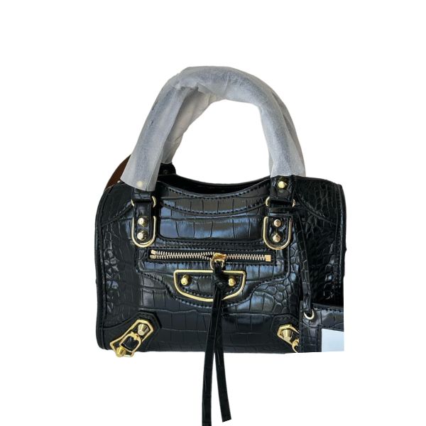 BALENCIAGA NEO CLASSIC CITY MINI CROCODILE EFFECT LEATHER BAG BLACK 25CM