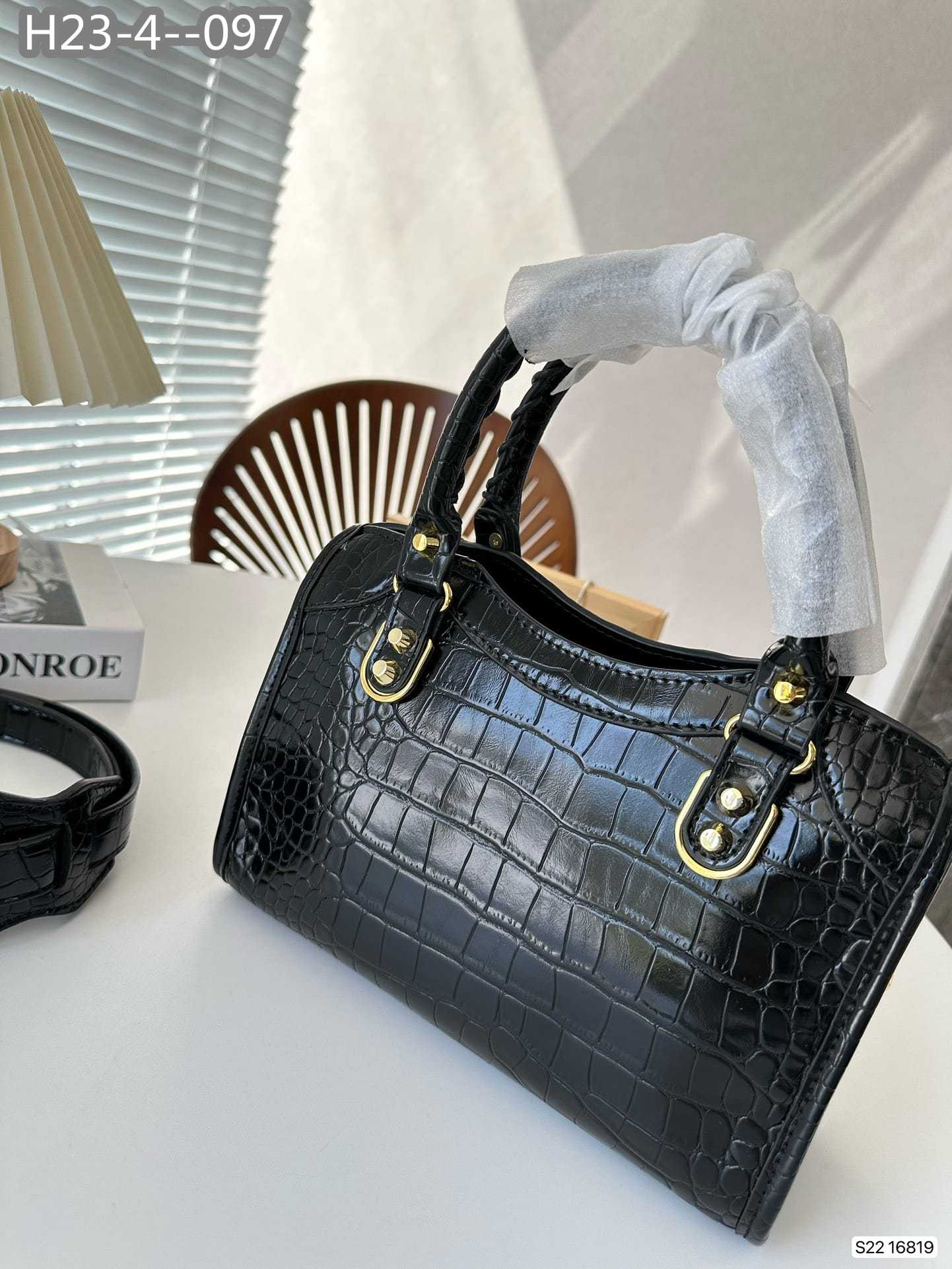 BALENCIAGA NEO CLASSIC CITY MINI CROCODILE EFFECT LEATHER BAG BLACK 25CM