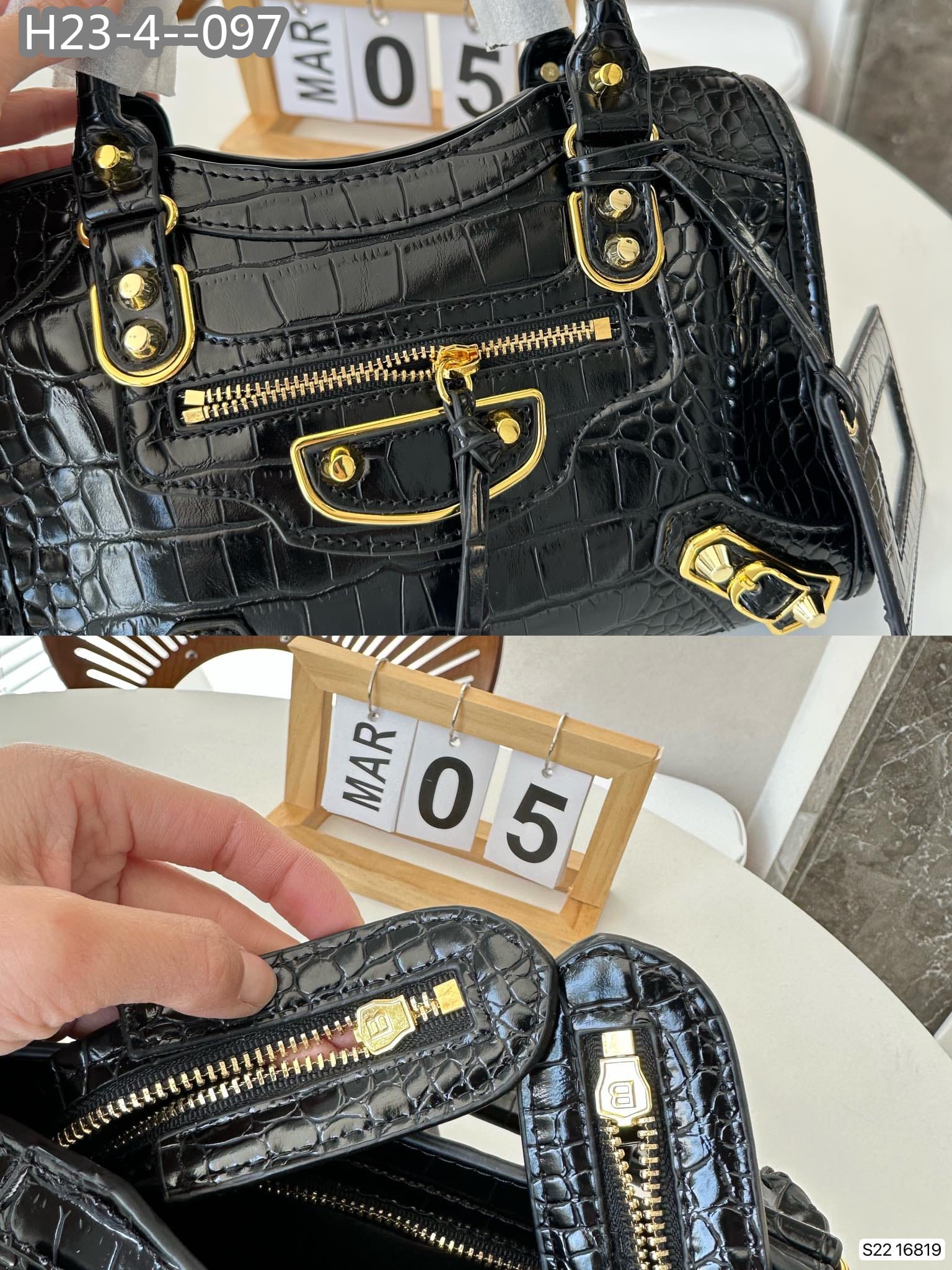 BALENCIAGA NEO CLASSIC CITY MINI CROCODILE EFFECT LEATHER BAG BLACK 25CM