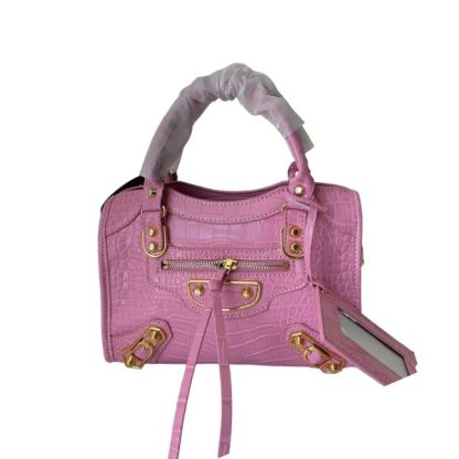 BALENCIAGA NEO CLASSIC CITY MINI CROCODILE EFFECT LEATHER BAG PINK 25CM