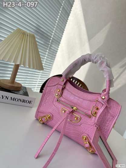 BALENCIAGA NEO CLASSIC CITY MINI CROCODILE EFFECT LEATHER BAG PINK 25CM