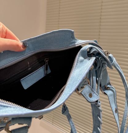 BALENCIAGA WOMENS NEO CAGOLE CITY HANDBAG IN DENIM IN BLUE 26CM