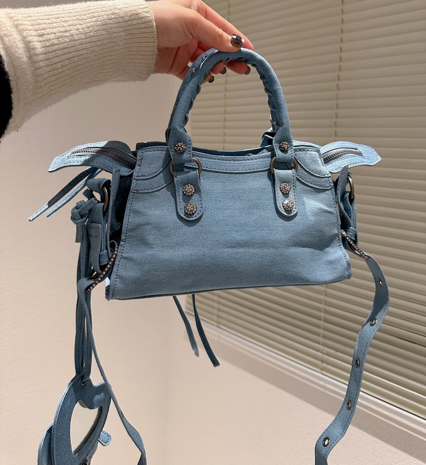 BALENCIAGA WOMENS NEO CAGOLE CITY HANDBAG IN DENIM IN BLUE 26CM