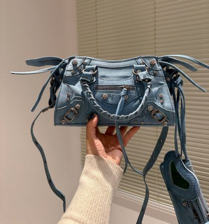 BALENCIAGA WOMENS NEO CAGOLE CITY HANDBAG IN DENIM IN BLUE 26CM