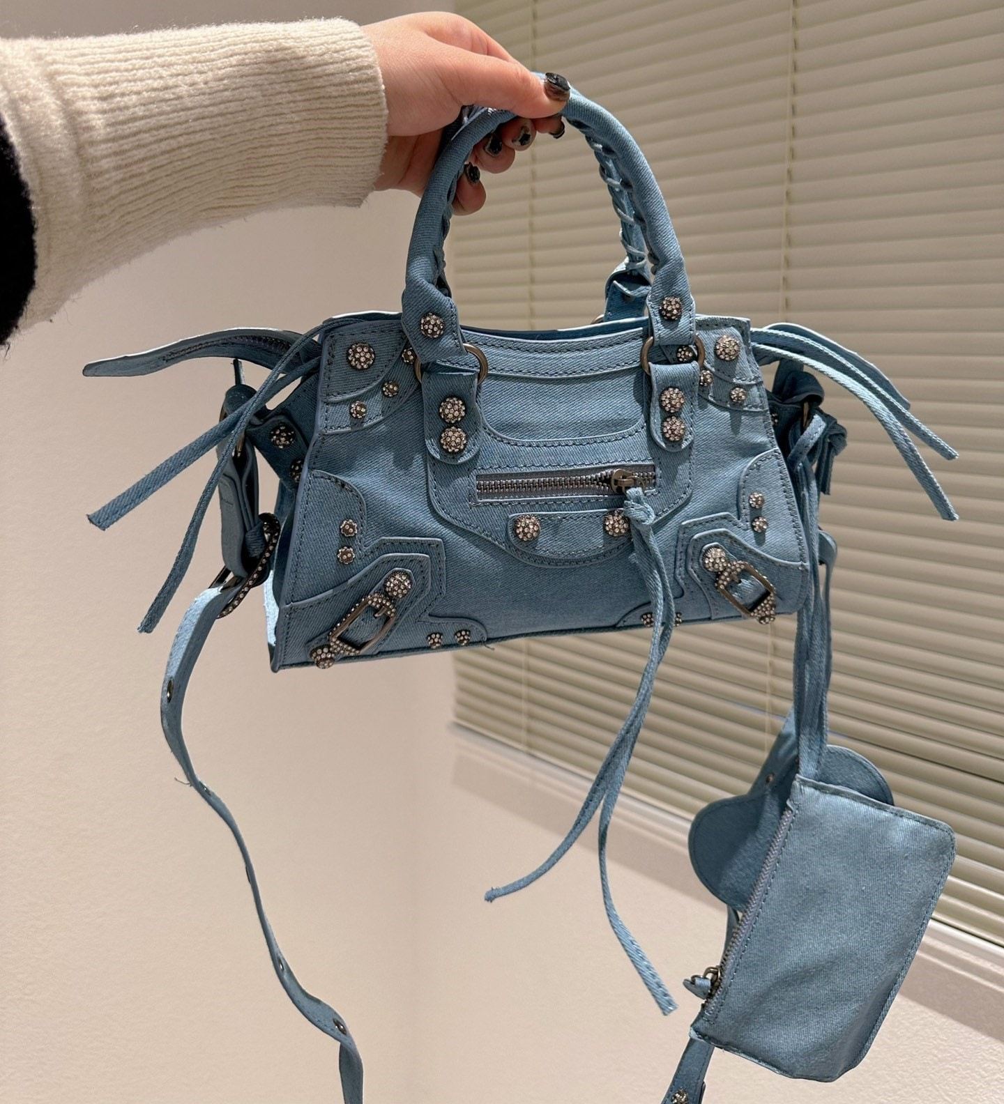 BALENCIAGA WOMENS NEO CAGOLE CITY HANDBAG IN DENIM IN BLUE 26CM