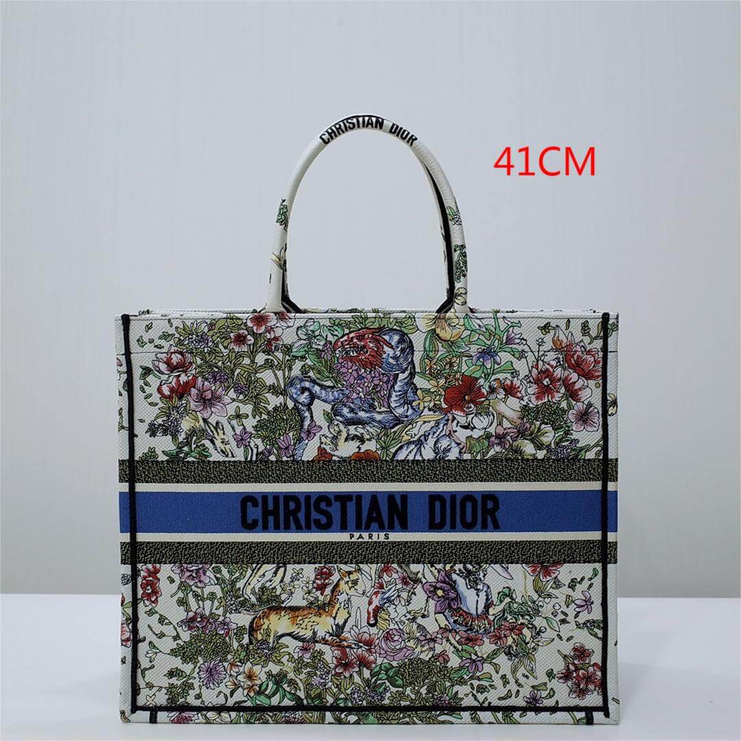 DO1286 Book Tote green WHITE blue BIG size 41.5cm 36.5cm Embroidery