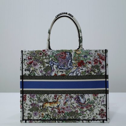 DO1286 Book Tote green WHITE blue BIG size 41.5cm 36.5cm Embroidery