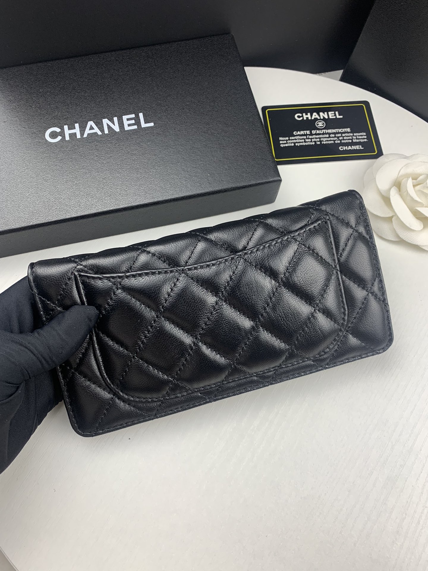 CHL BLACK QUILTED LAMBSKIN CLASSIC LONG FLAP WITH SILVER HARDWARE WALLET 19.5CM