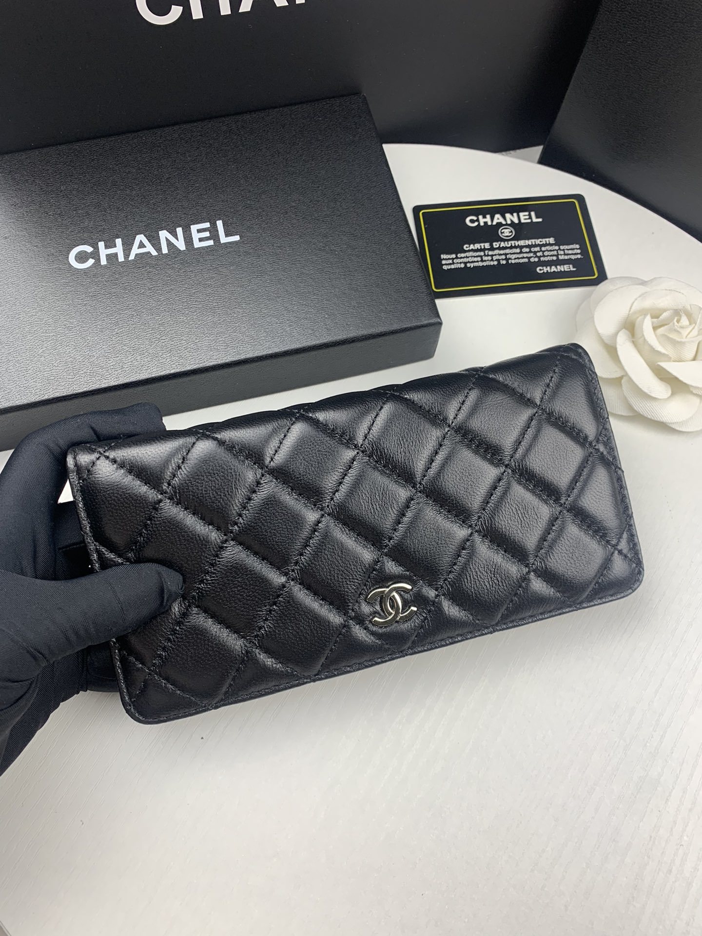 CHL BLACK QUILTED LAMBSKIN CLASSIC LONG FLAP WITH SILVER HARDWARE WALLET 19.5CM