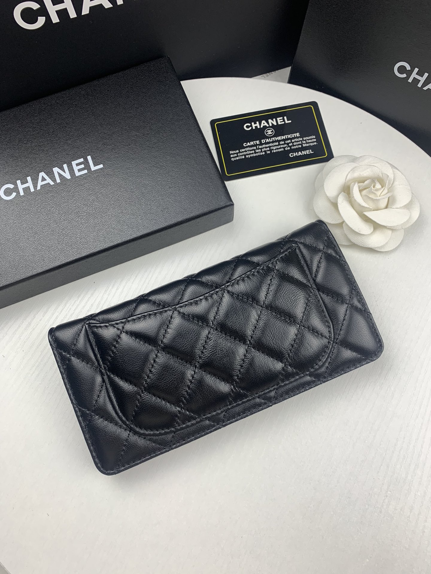 CHL BLACK QUILTED LAMBSKIN CLASSIC LONG FLAP WITH SILVER HARDWARE WALLET 19.5CM