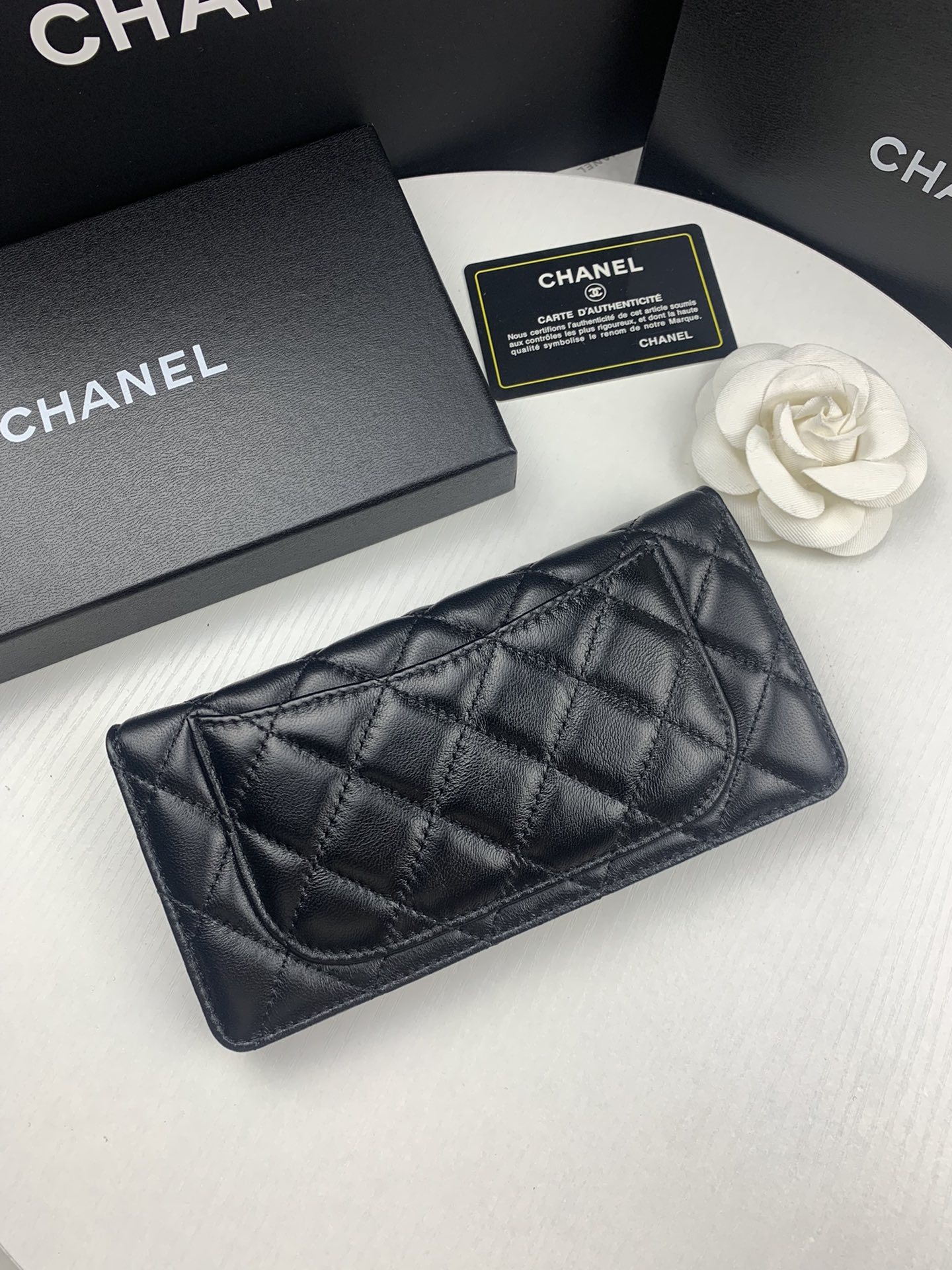 CHL BLACK QUILTED LAMBSKIN CLASSIC LONG FLAP WITH SILVER HARDWARE WALLET 19.5CM