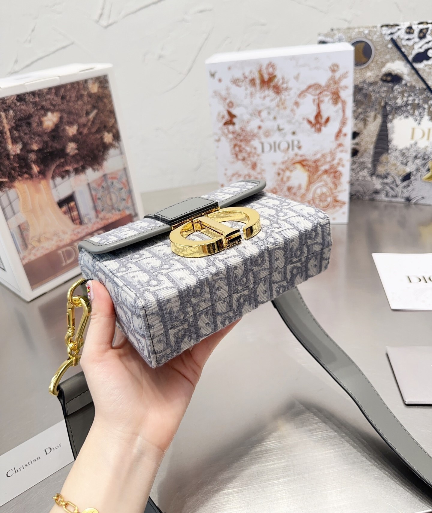 DOR 30 MONTAIGNE BOX BAG GRAY DOR OBLIQUE JACQUARD 18CM M9204UTZQ M932