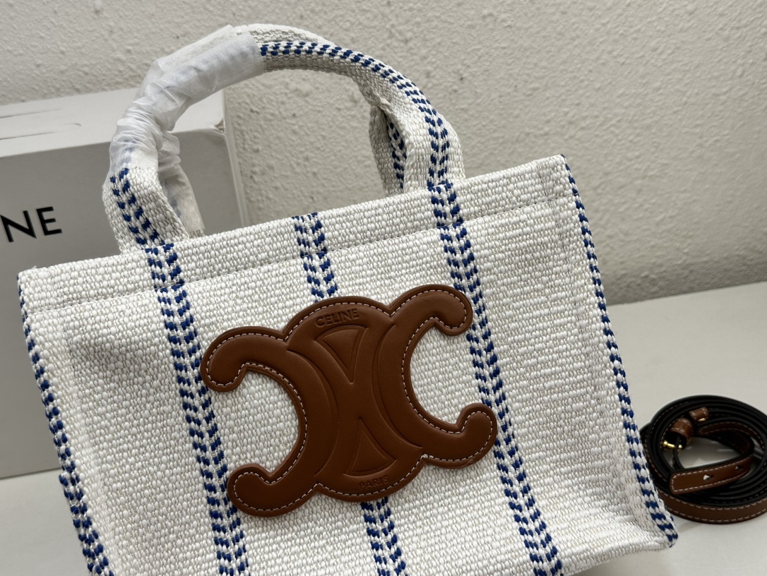 CE SMALL CABAS THAIS IN STRIPED TEXTILE AND CALFSKIN XHITE/BLUE 25CM 199162EYI01BB