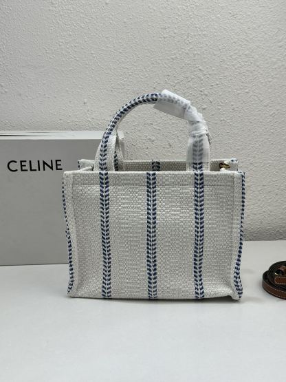 CE SMALL CABAS THAIS IN STRIPED TEXTILE AND CALFSKIN XHITE/BLUE 25CM 199162EYI01BB