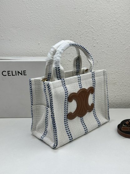 CE SMALL CABAS THAIS IN STRIPED TEXTILE AND CALFSKIN XHITE/BLUE 25CM 199162EYI01BB