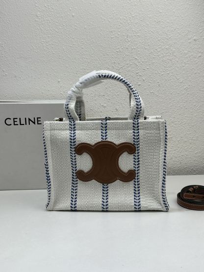 CE SMALL CABAS THAIS IN STRIPED TEXTILE AND CALFSKIN XHITE/BLUE 25CM 199162EYI01BB